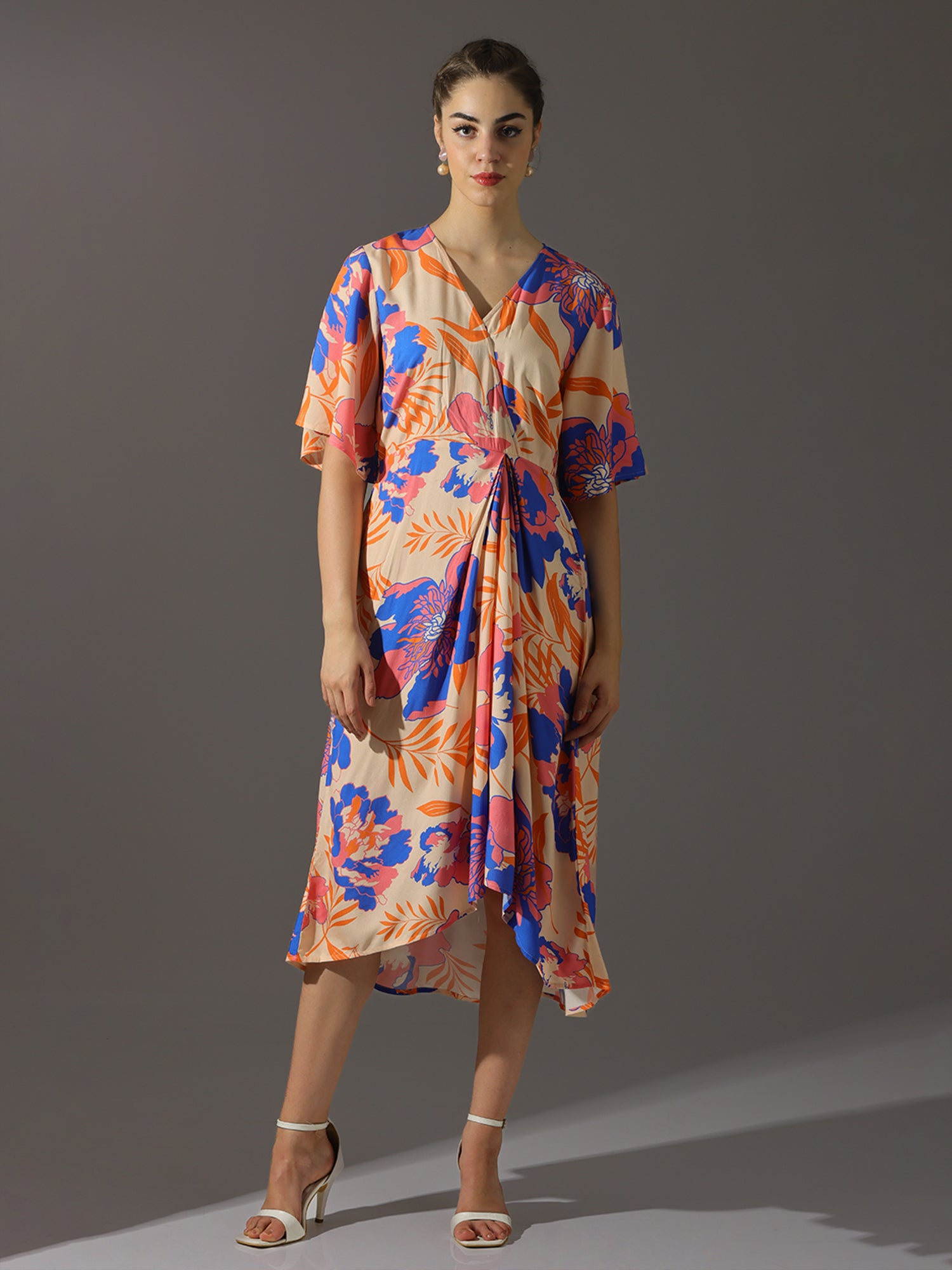 Peach Floral Printed Wrap Midi Dress