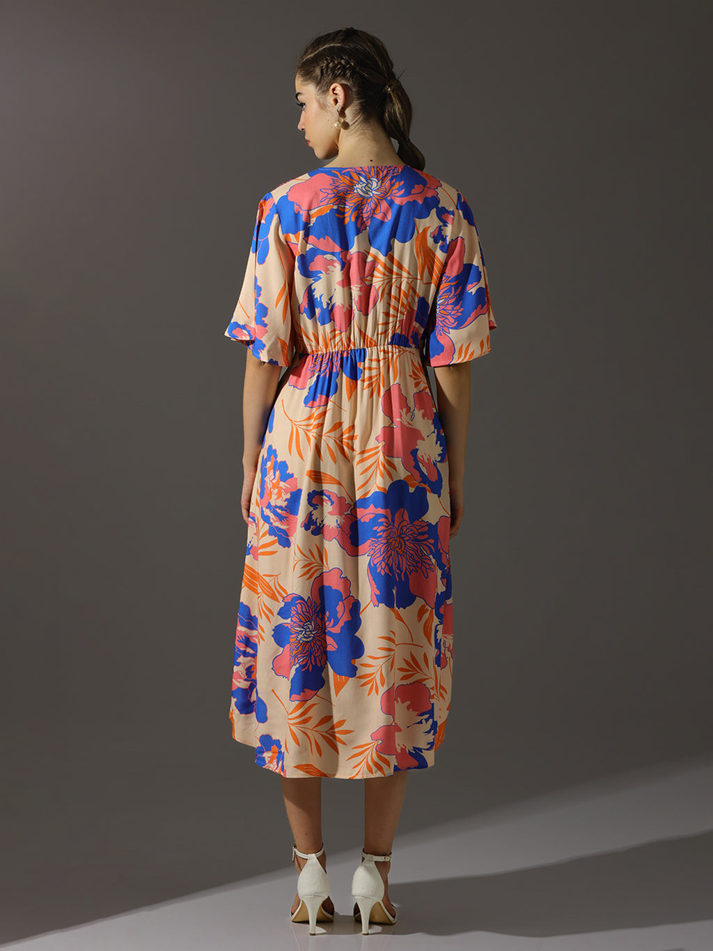 Peach Floral Printed Wrap Midi Dress