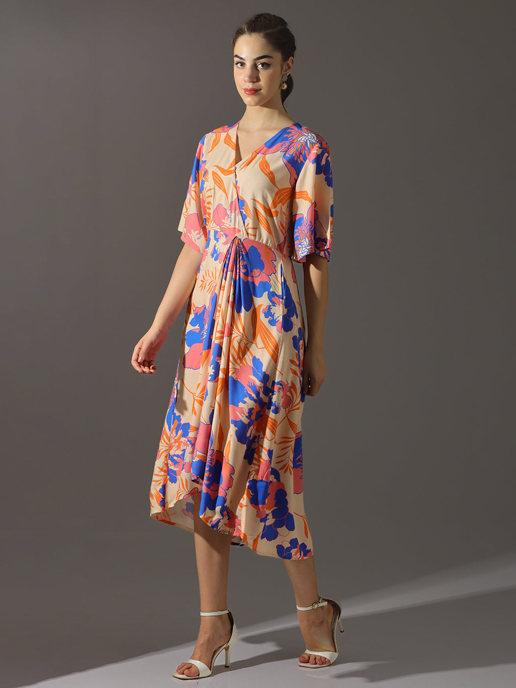 Peach Floral Printed Wrap Midi Dress