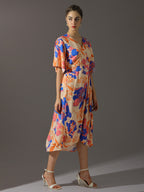 Peach Floral Printed Wrap Midi Dress