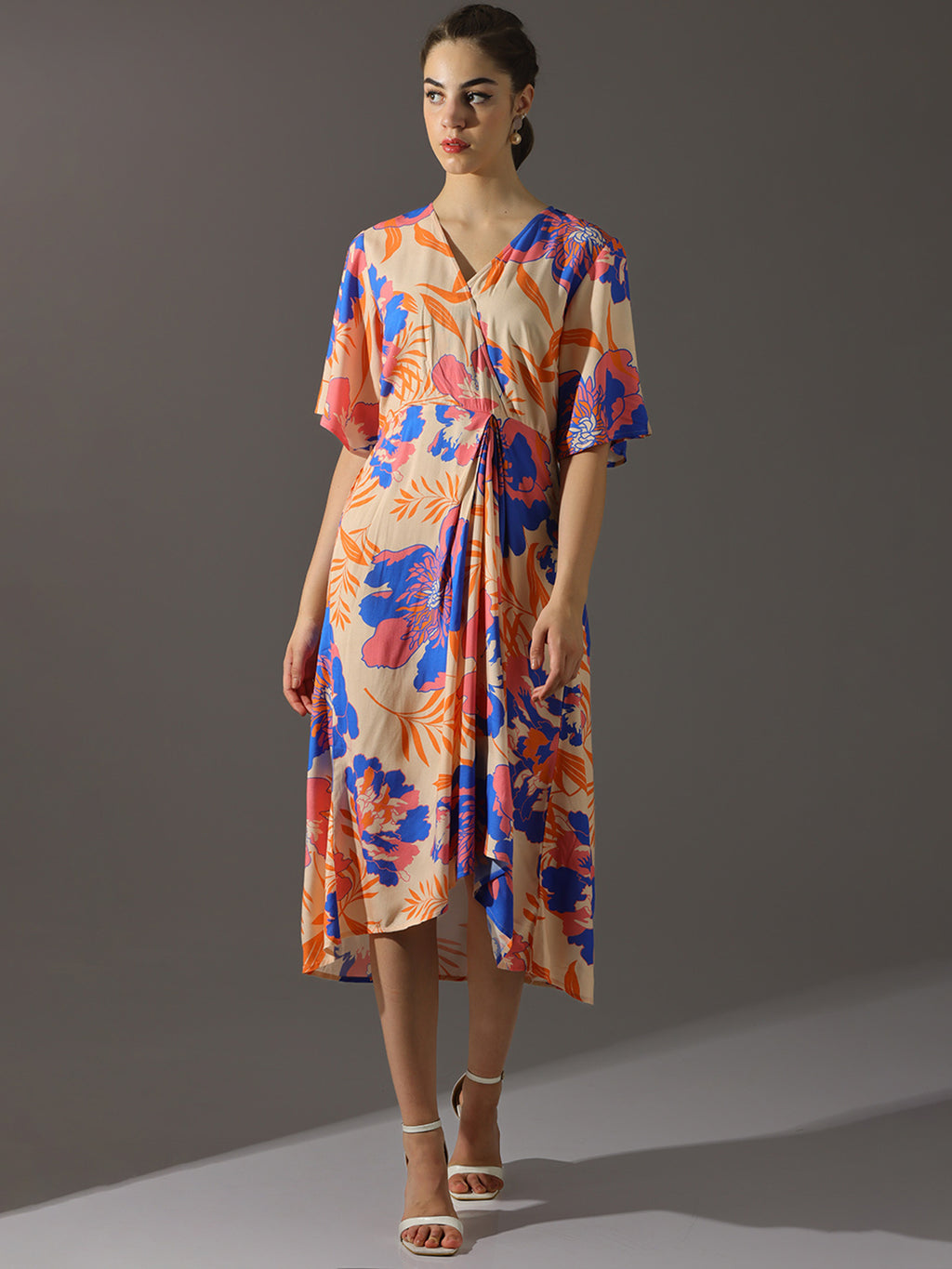 Peach Floral Printed Wrap Midi Dress
