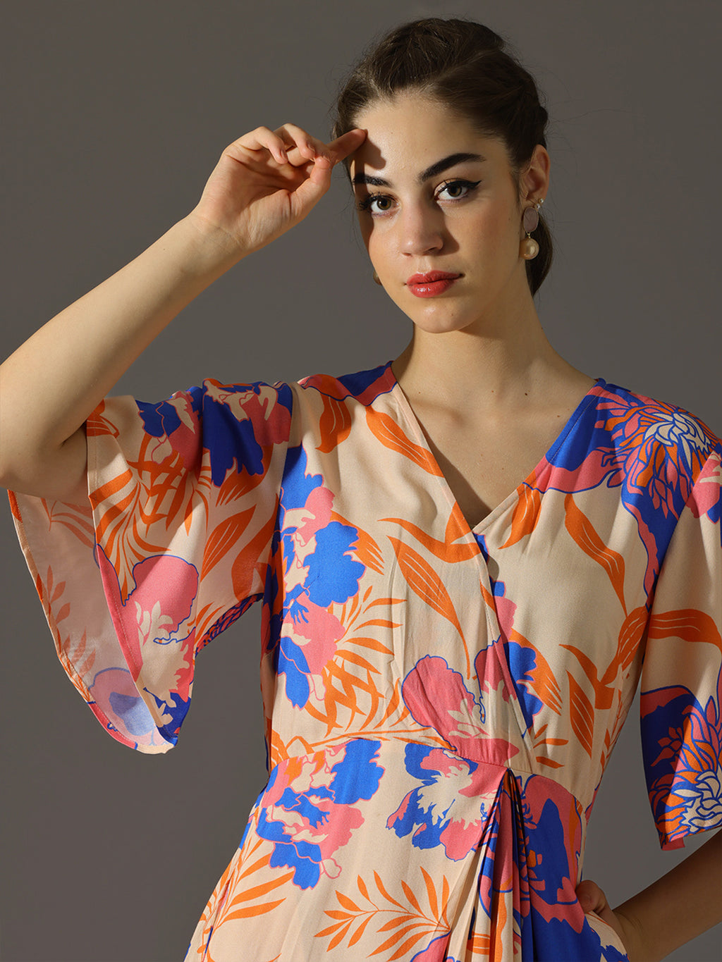 Peach Floral Printed Wrap Midi Dress