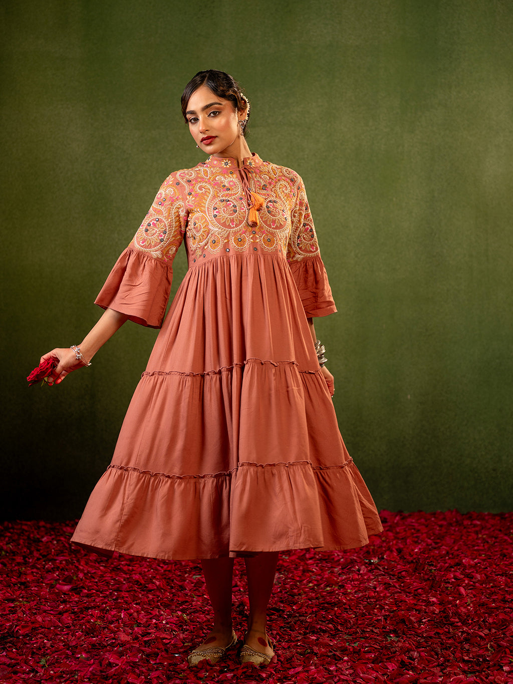 Zummer Women's Peach Floral Embroidered Fit & Flare Midi Dress with Flared Sleeves