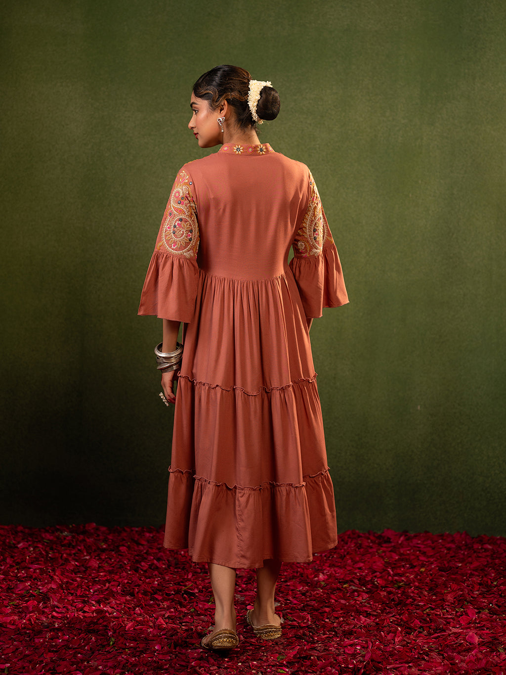 Zummer Women's Peach Floral Embroidered Fit & Flare Midi Dress with Flared Sleeves