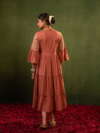 Zummer Women's Peach Floral Embroidered Fit & Flare Midi Dress with Flared Sleeves