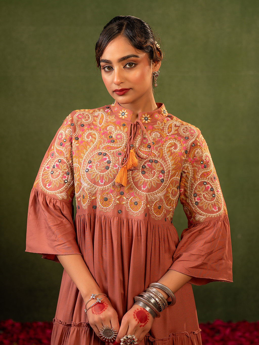 Zummer Women's Peach Floral Embroidered Fit & Flare Midi Dress with Flared Sleeves