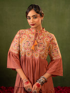 Zummer Women's Peach Floral Embroidered Fit & Flare Midi Dress with Flared Sleeves