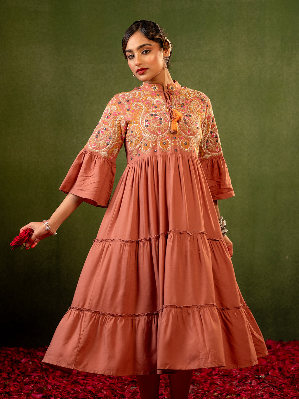 Zummer Women's Peach Floral Embroidered Fit & Flare Midi Dress with Flared Sleeves