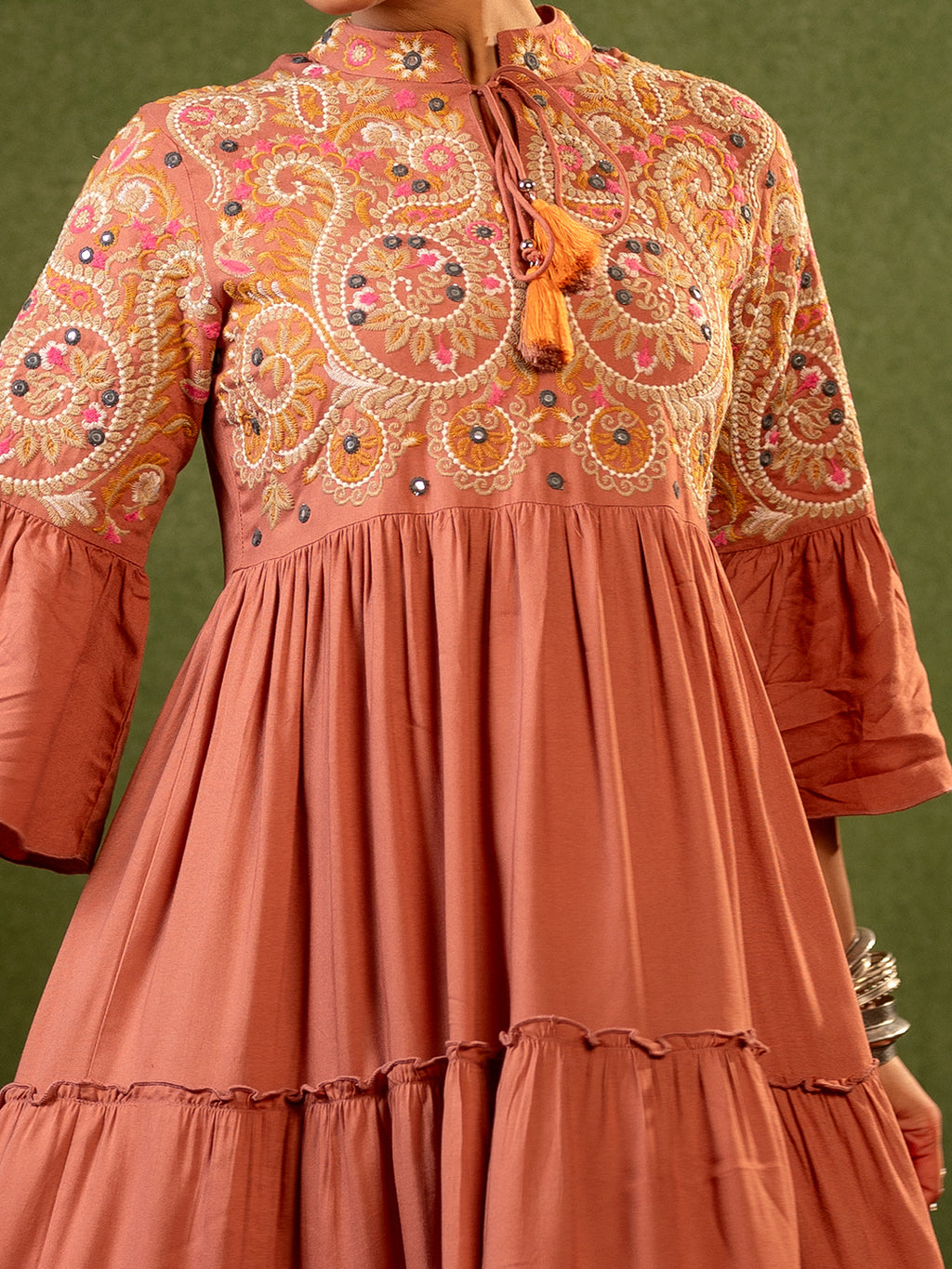 Zummer Women's Peach Floral Embroidered Fit & Flare Midi Dress with Flared Sleeves
