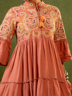 Zummer Women's Peach Floral Embroidered Fit & Flare Midi Dress with Flared Sleeves