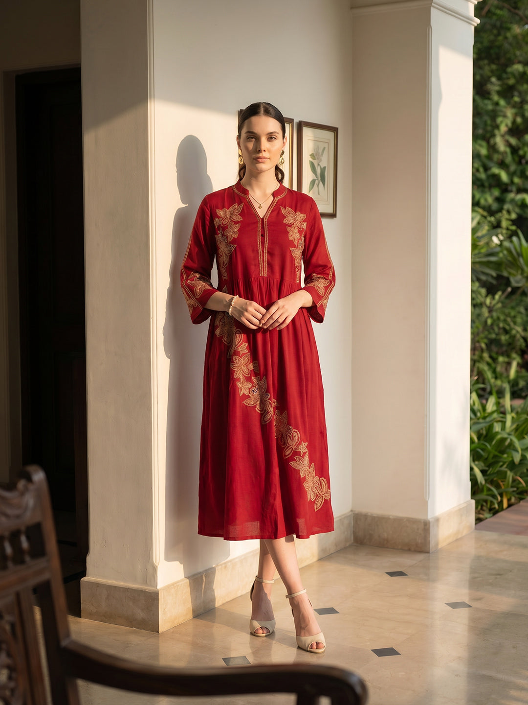 Zummer Women Red Embroidered Fit & Flare Midi Dress