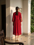 Zummer Women Red Embroidered Fit & Flare Midi Dress
