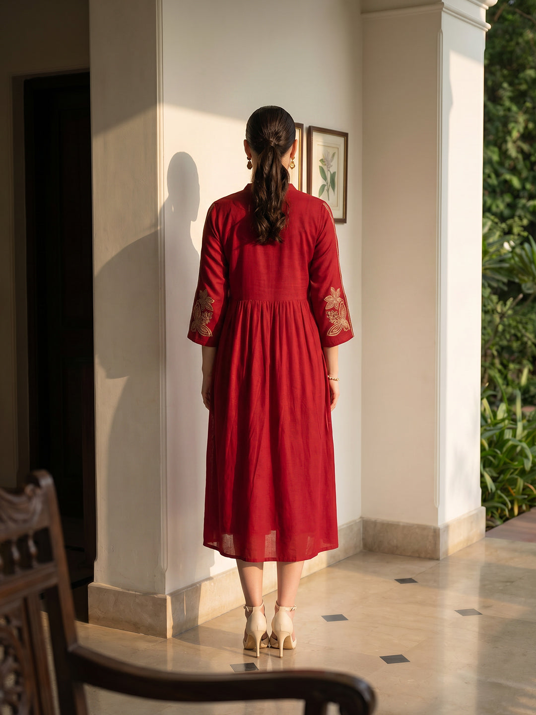 Zummer Women Red Embroidered Fit & Flare Midi Dress