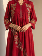 Zummer Women Red Embroidered Fit & Flare Midi Dress
