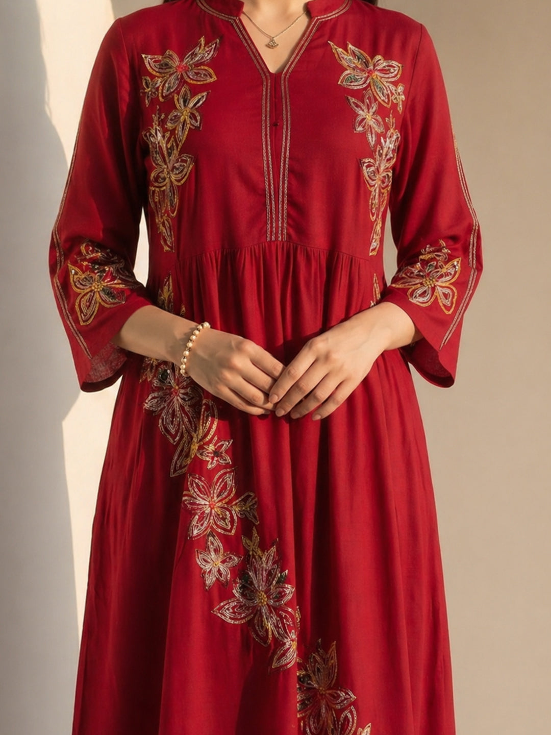 Zummer Women Red Embroidered Fit & Flare Midi Dress