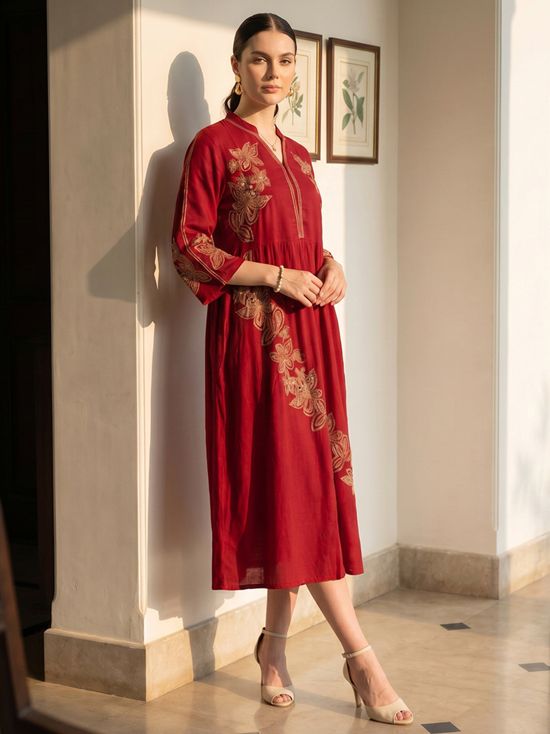 Zummer Women Red Embroidered Fit & Flare Midi Dress