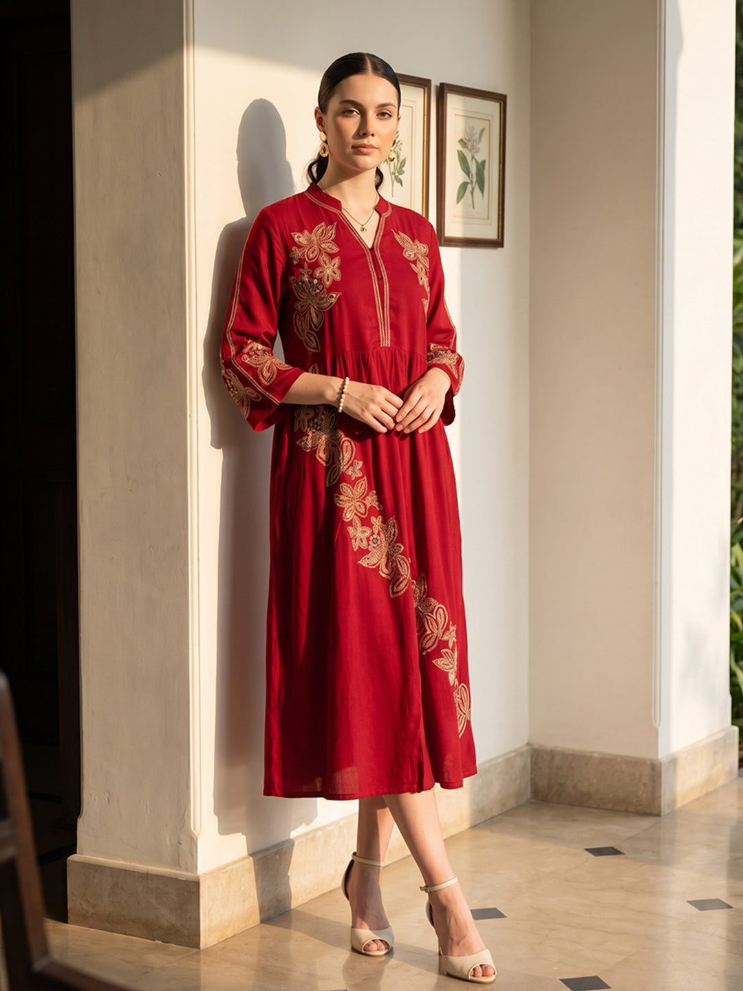 Zummer Women Red Embroidered Fit & Flare Midi Dress