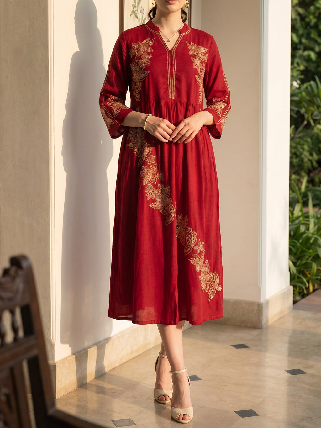 Zummer Women Red Embroidered Fit & Flare Midi Dress