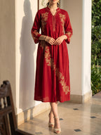 Zummer Women Red Embroidered Fit & Flare Midi Dress