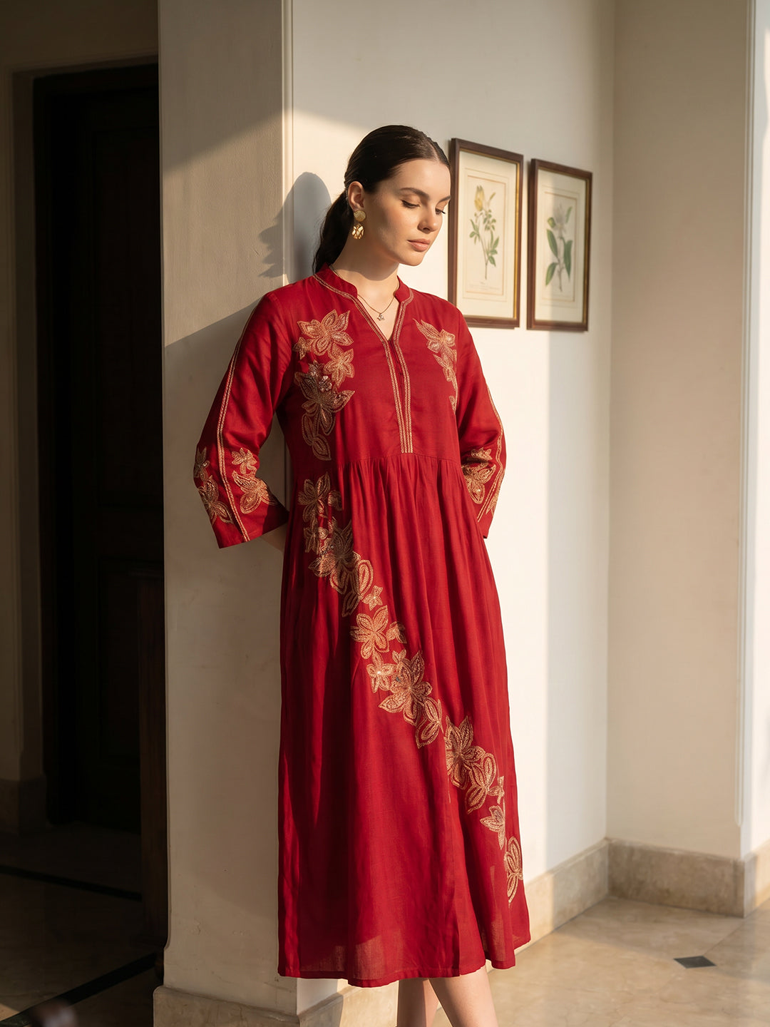 Zummer Women Red Embroidered Fit & Flare Midi Dress