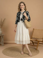 White & Black Fit and Flare Midi Dress with Jacket