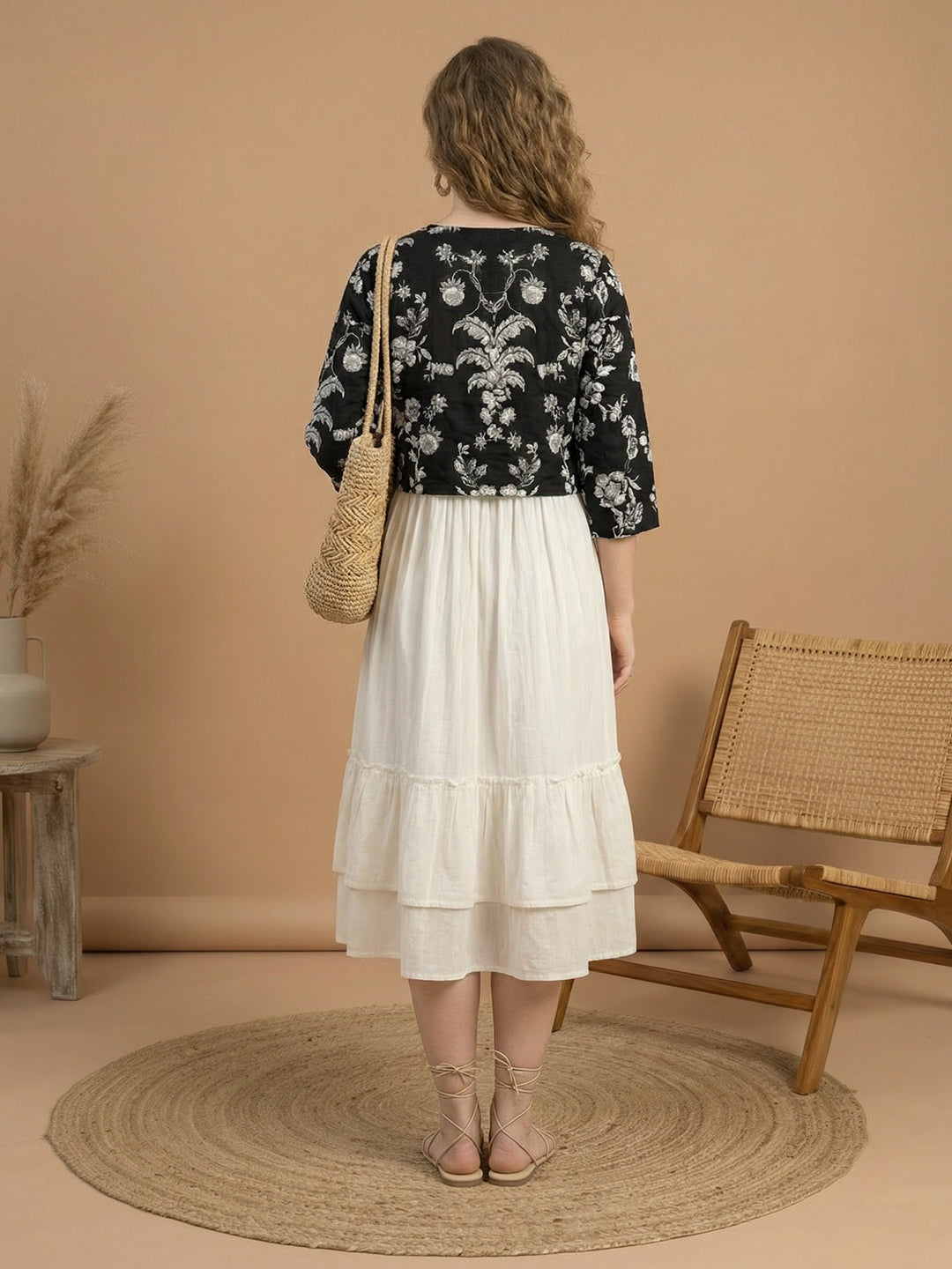White & Black Fit and Flare Midi Dress with Jacket