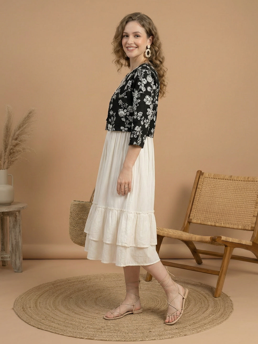 White & Black Fit and Flare Midi Dress with Jacket
