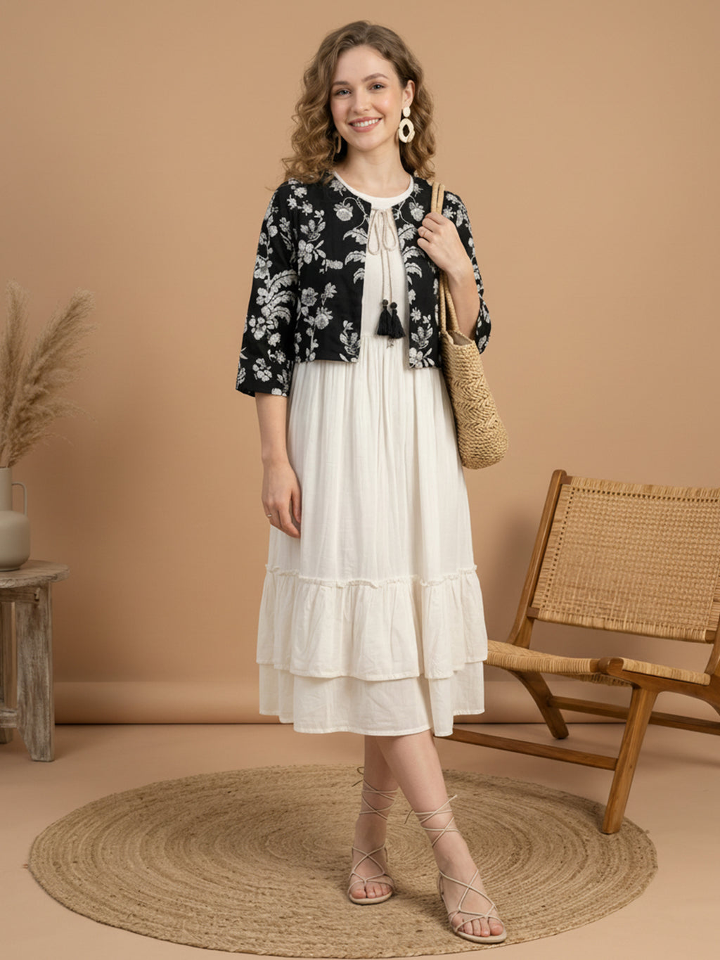 White & Black Fit and Flare Midi Dress with Jacket