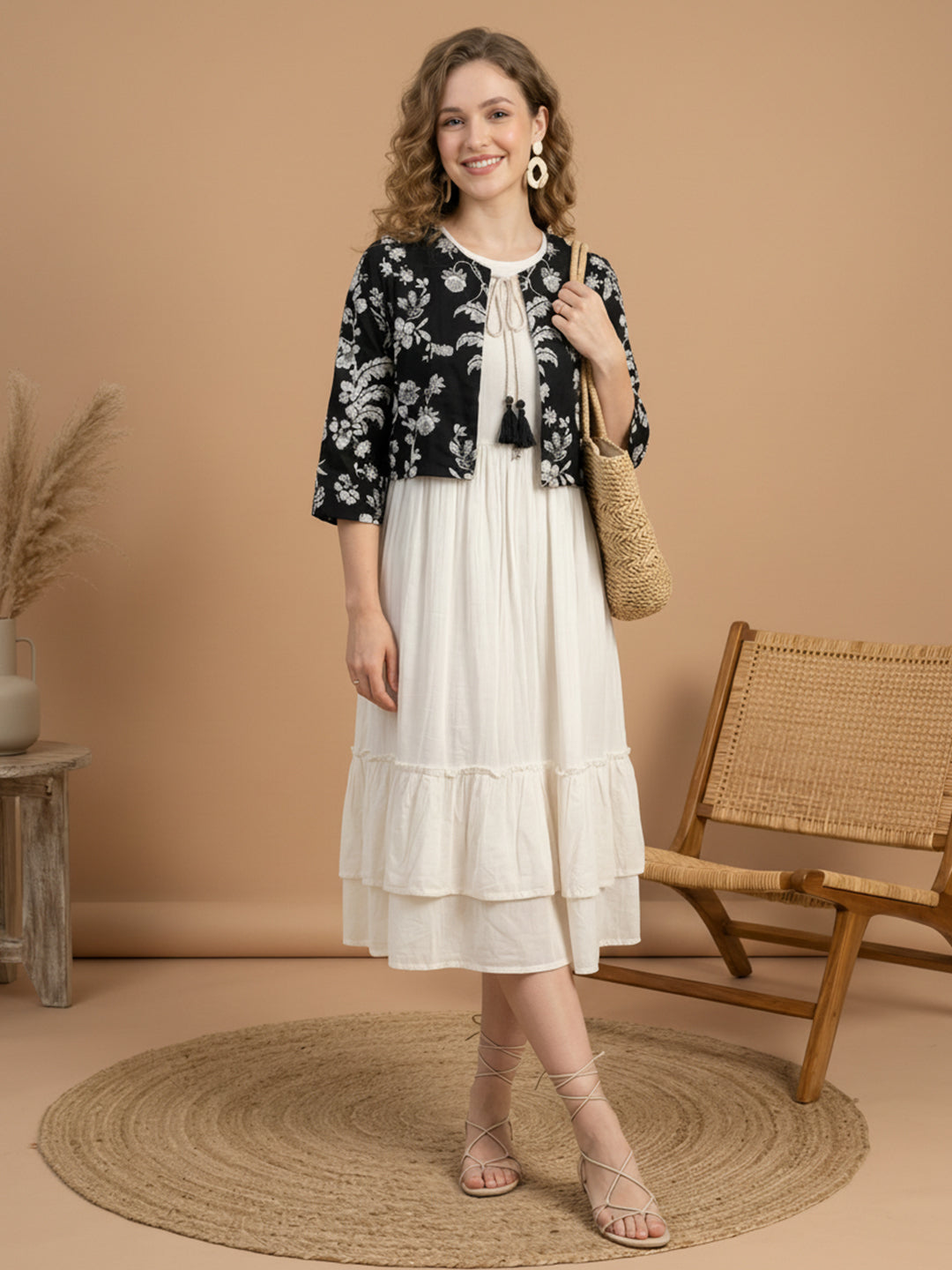 White & Black Fit and Flare Midi Dress with Jacket