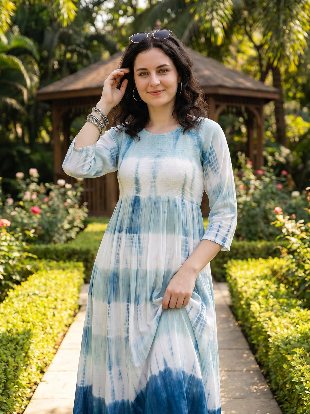 Zummer Tie-Dye Midi Dress – White Fit & Flare