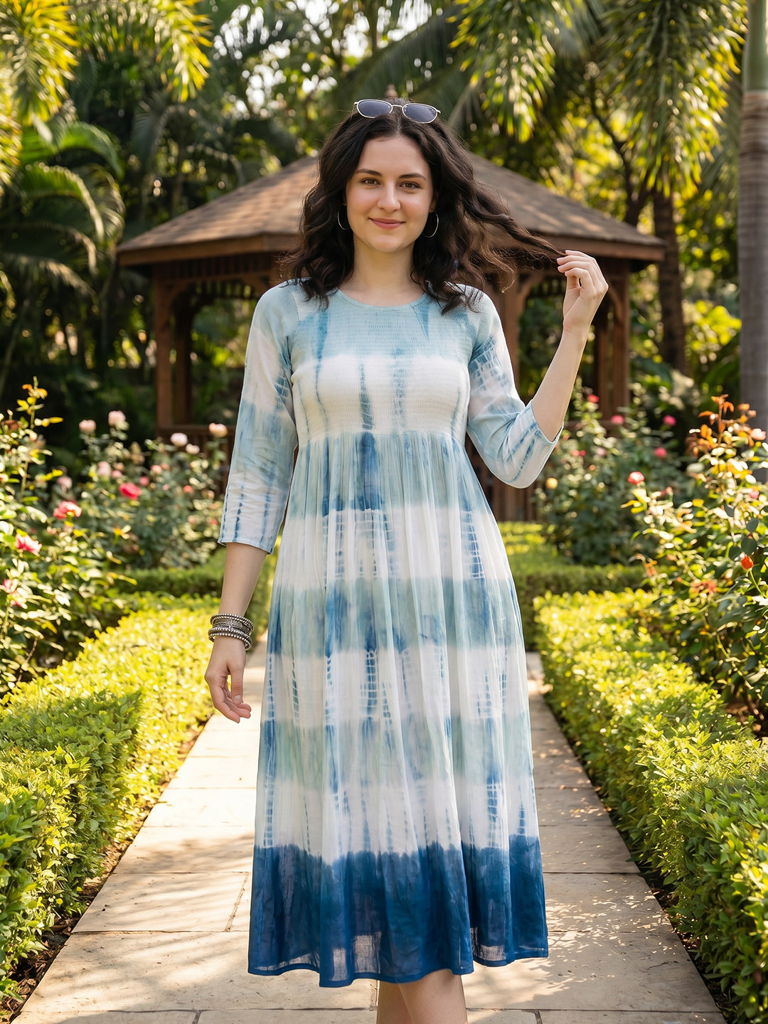 Zummer Tie-Dye Midi Dress – White Fit & Flare