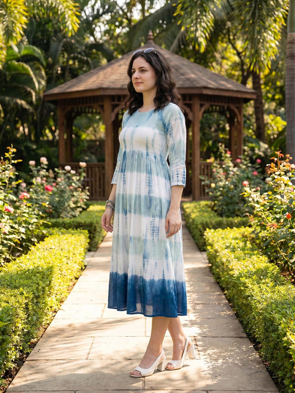 Zummer Tie-Dye Midi Dress – White Fit & Flare