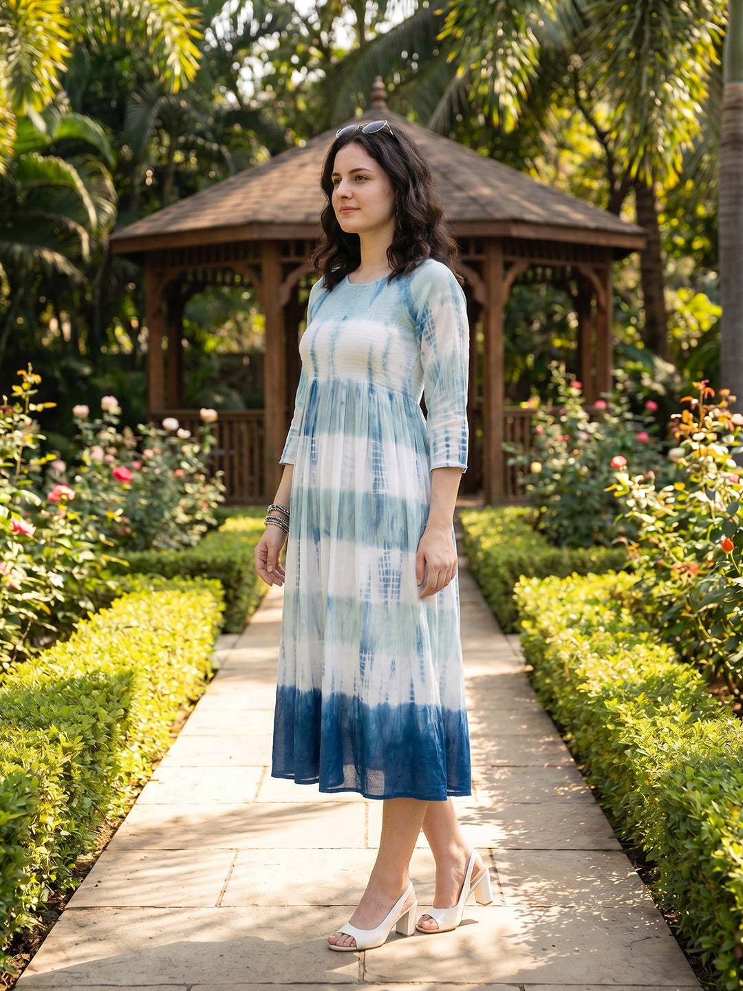 Zummer Tie-Dye Midi Dress – White Fit & Flare