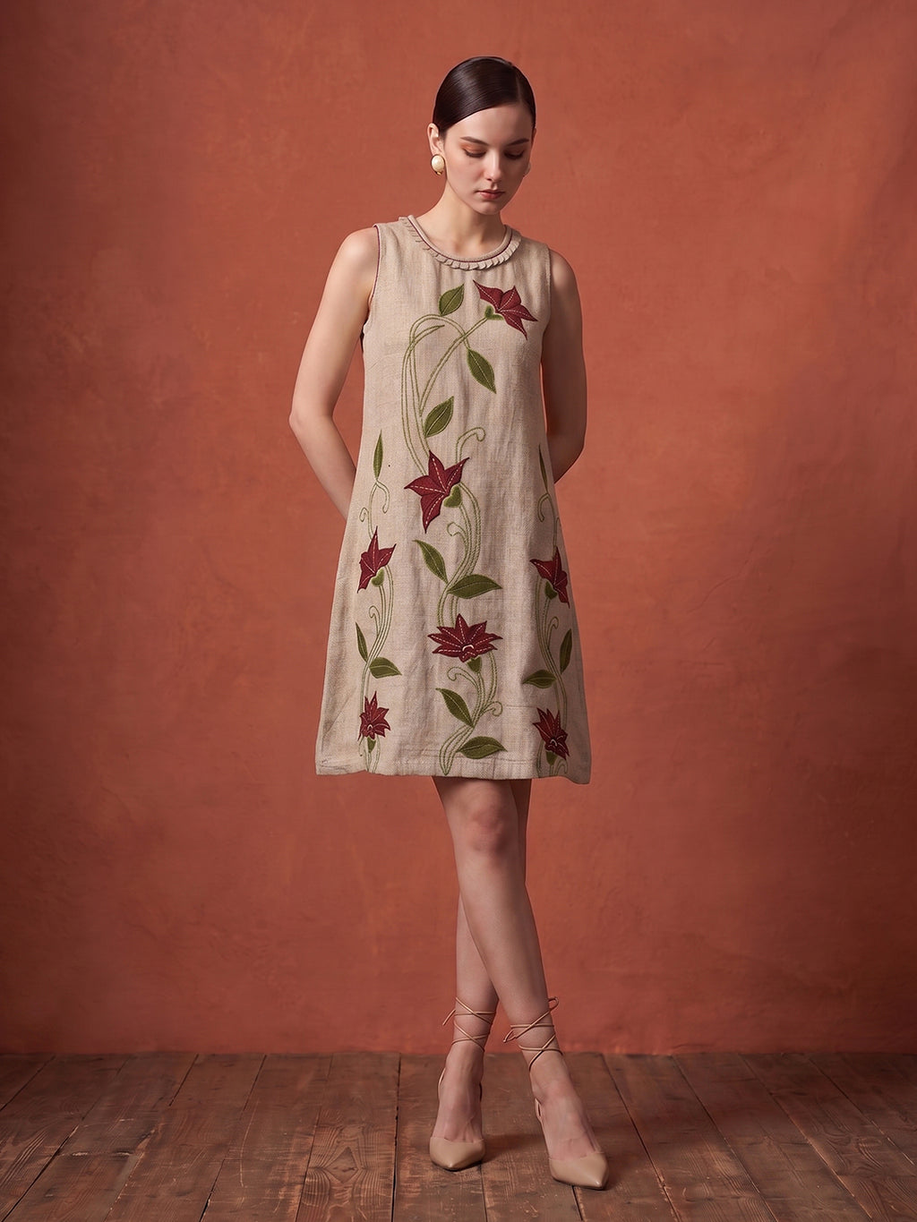 Zummer Women's Beige Jute Applique A-Line Dress with Bohemian Embroidery