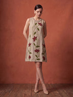 Zummer Women's Beige Jute Applique A-Line Dress with Bohemian Embroidery