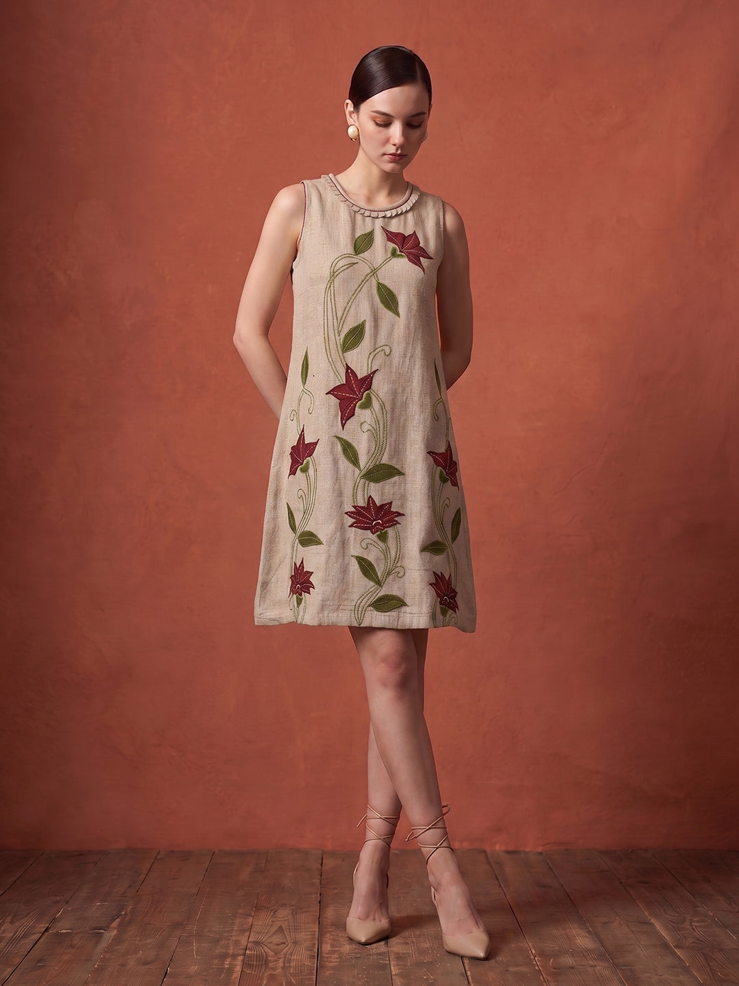 Zummer Women's Beige Jute Applique A-Line Dress with Bohemian Embroidery