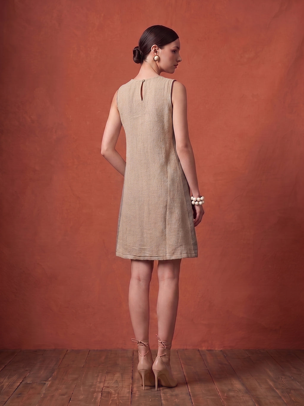 Zummer Women's Beige Jute Applique A-Line Dress with Bohemian Embroidery