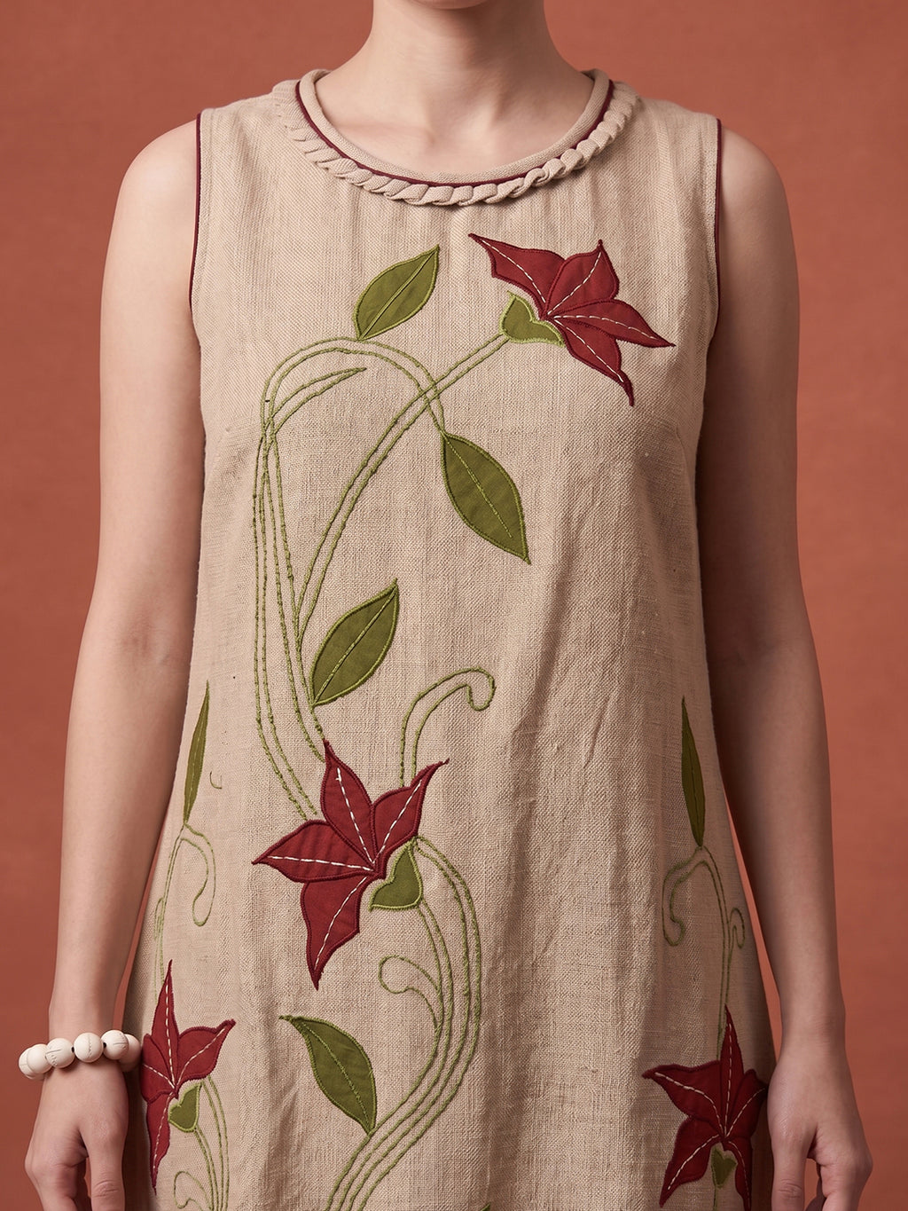 Zummer Women's Beige Jute Applique A-Line Dress with Bohemian Embroidery