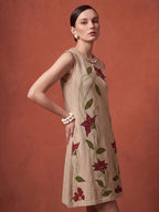 Zummer Women's Beige Jute Applique A-Line Dress with Bohemian Embroidery