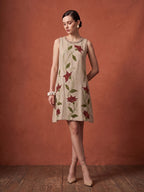 Zummer Women's Beige Jute Applique A-Line Dress with Bohemian Embroidery