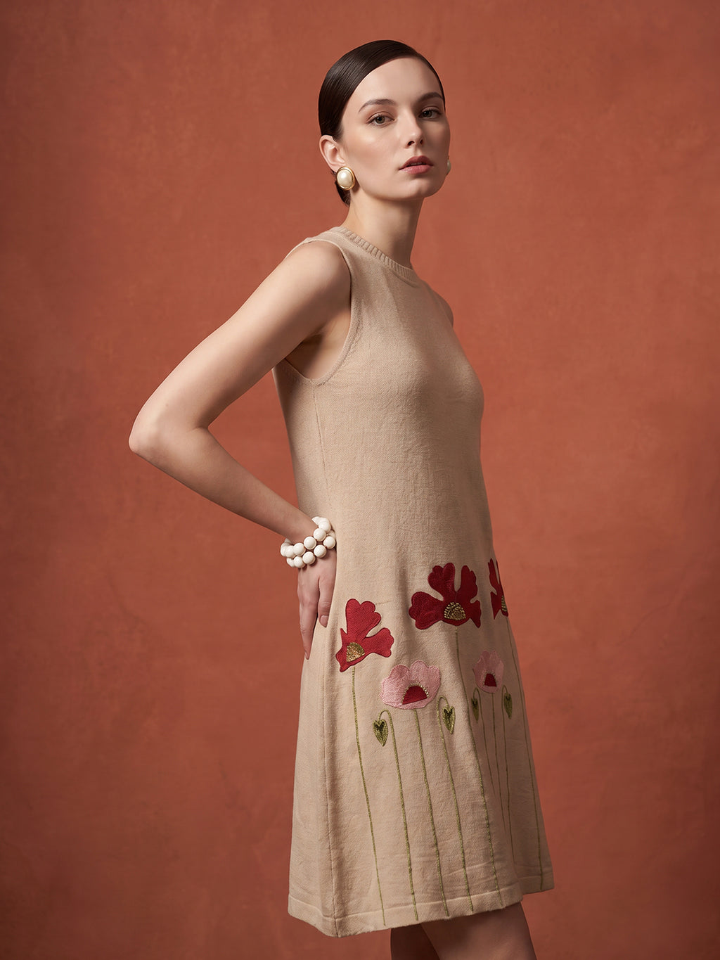 Zummer Beige Embroidered Linen A-Line Dress