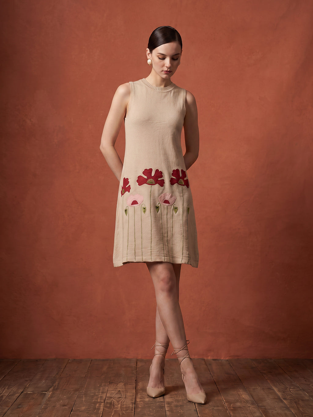 Zummer Beige Embroidered Linen A-Line Dress