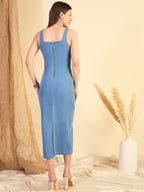 Blue Cotton Solid Bodycon Short Dress with No Sleeves