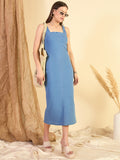 Blue Cotton Solid Bodycon Short Dress with No Sleeves