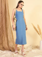 Blue Cotton Solid Bodycon Short Dress with No Sleeves