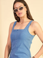 Blue Cotton Solid Bodycon Short Dress with No Sleeves