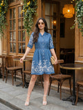 Zummer Denim Embroidered Dress – Blue Above Knee