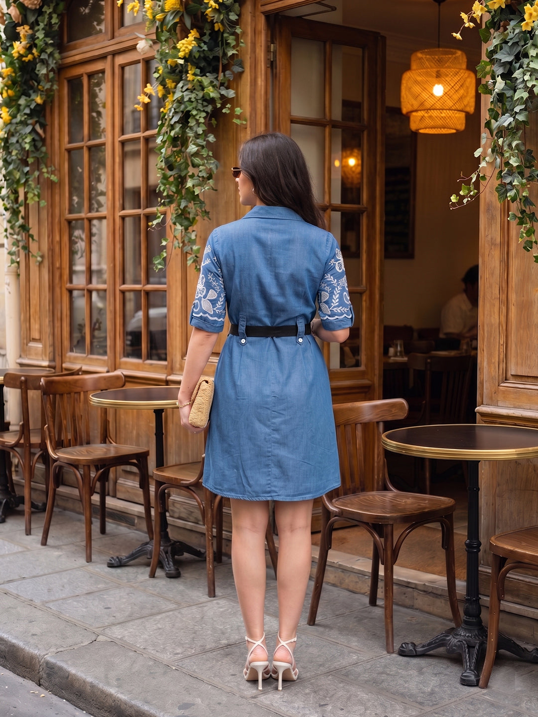 Zummer Denim Embroidered Dress – Blue Above Knee