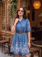 Zummer Denim Embroidered Dress – Blue Above Knee