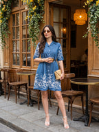 Zummer Denim Embroidered Dress – Blue Above Knee